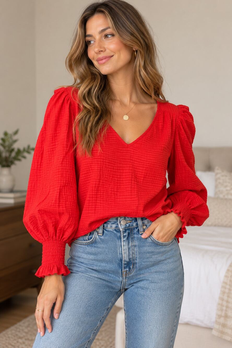 Scotch & Soda Blouse Womens 36 Red V Neck Puff Sleeve Smocked Cuff Textured NWOT